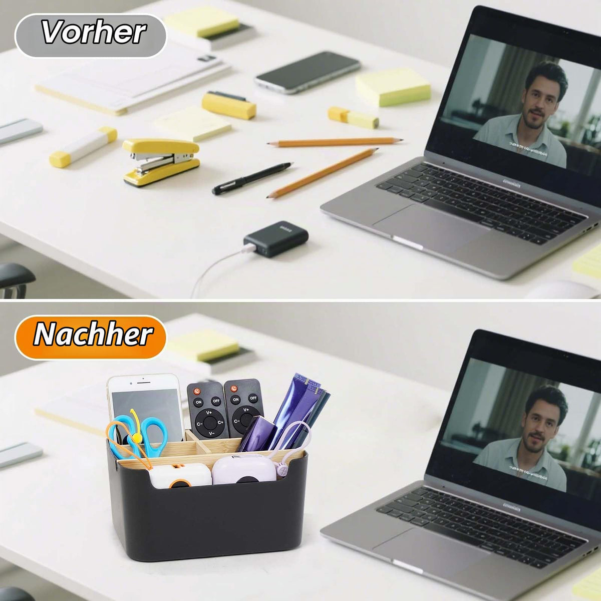 Schreibtisch Organizer aus Bambus, 5 Fächer Abnehmbarer Büro Organizer in Schwarz, Stiftehalter Holz Aufbewahrungsbox für Büro, Schule, Kosmetik, Fernbedienung & Kleine Gegenstände