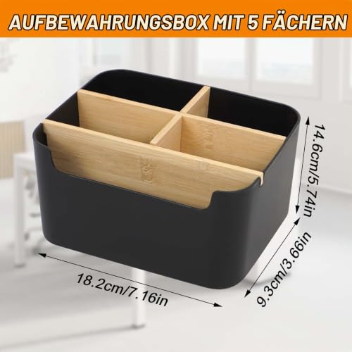 Schreibtisch Organizer aus Bambus, 5 Fächer Abnehmbarer Büro Organizer in Schwarz, Stiftehalter Holz Aufbewahrungsbox für Büro, Schule, Kosmetik, Fernbedienung & Kleine Gegenstände