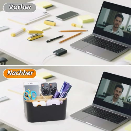 Schreibtisch Organizer aus Bambus, 5 Fächer Abnehmbarer Büro Organizer in Schwarz, Stiftehalter Holz Aufbewahrungsbox für Büro, Schule, Kosmetik, Fernbedienung & Kleine Gegenstände