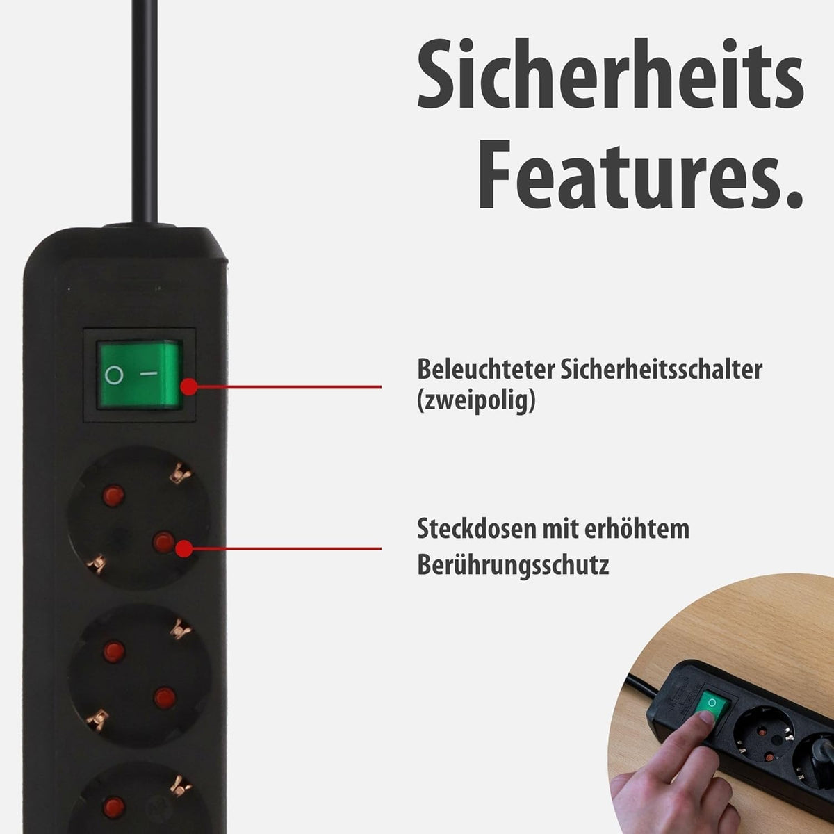 Brennenstuhl Eco-Line Steckdosenleiste 3-Fach (Mehrfachsteckdose mit erhöhtem Berührungsschutz, Schalter und 5m Kabel) schwarz