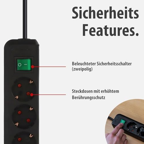 Brennenstuhl Eco-Line Steckdosenleiste 3-Fach (Mehrfachsteckdose mit erhöhtem Berührungsschutz, Schalter und 5m Kabel) schwarz