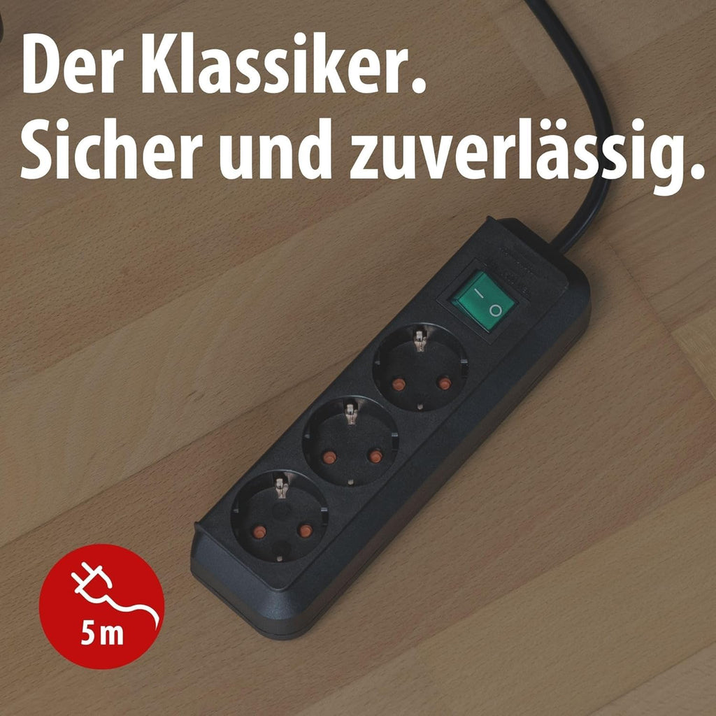 Brennenstuhl Eco-Line Steckdosenleiste 3-Fach (Mehrfachsteckdose mit erhöhtem Berührungsschutz, Schalter und 5m Kabel) schwarz