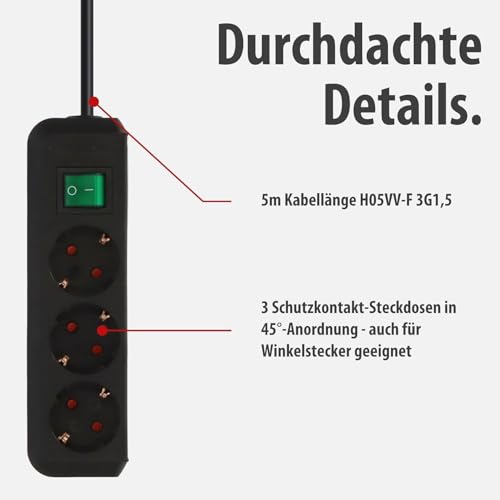 Brennenstuhl Eco-Line Steckdosenleiste 3-Fach (Mehrfachsteckdose mit erhöhtem Berührungsschutz, Schalter und 5m Kabel) schwarz