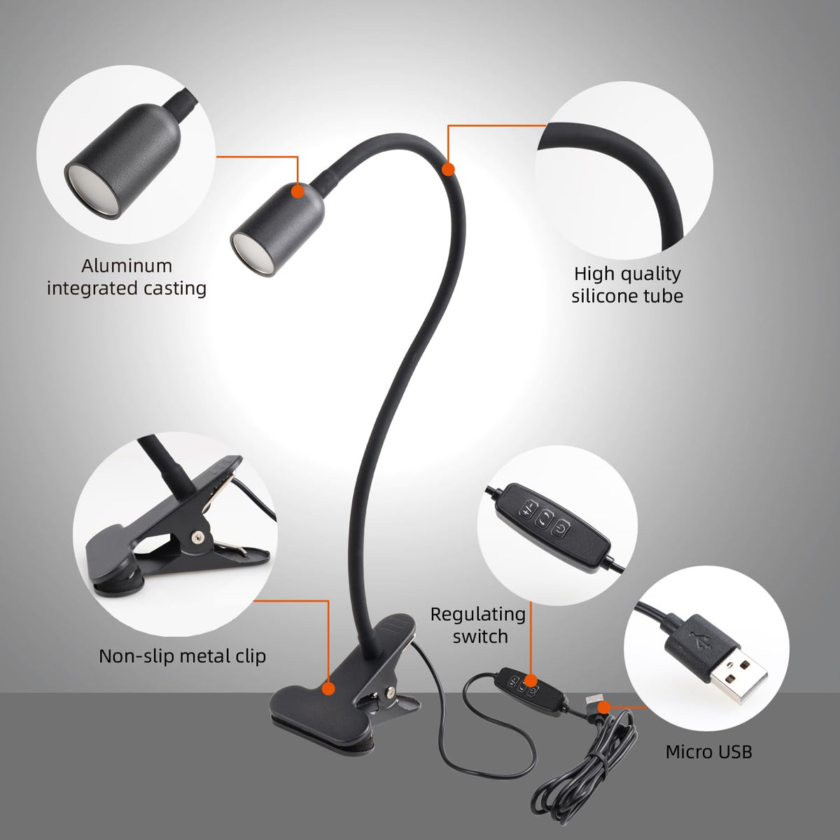 da LIGHT Leselampe Bett Klemme, LED Schreibtischlampe Klemmbar mit 3 Farbtemperaturen, Dimmbare Klemmlampe Bett, USB Tischlampe mit Kabel Schwarz für Studieren Lesen Arbeiten
