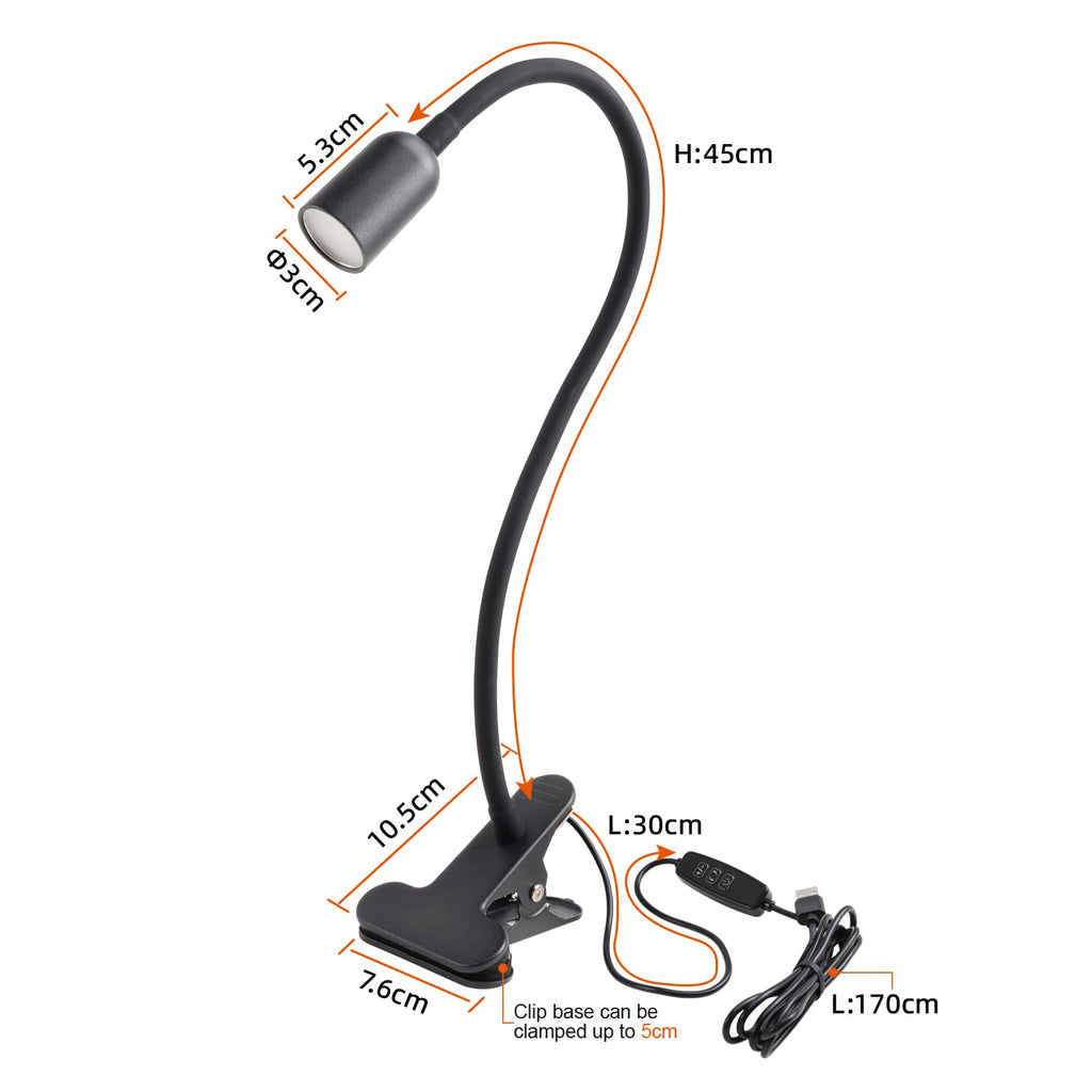 da LIGHT Leselampe Bett Klemme, LED Schreibtischlampe Klemmbar mit 3 Farbtemperaturen, Dimmbare Klemmlampe Bett, USB Tischlampe mit Kabel Schwarz für Studieren Lesen Arbeiten
