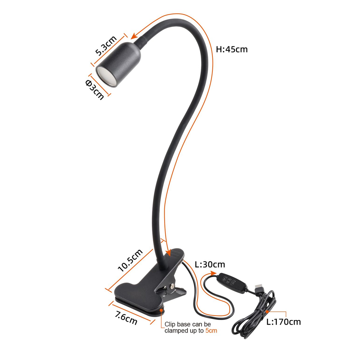 da LIGHT Leselampe Bett Klemme, LED Schreibtischlampe Klemmbar mit 3 Farbtemperaturen, Dimmbare Klemmlampe Bett, USB Tischlampe mit Kabel Schwarz für Studieren Lesen Arbeiten