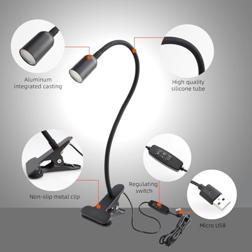 da LIGHT Leselampe Bett Klemme, LED Schreibtischlampe Klemmbar mit 3 Farbtemperaturen, Dimmbare Klemmlampe Bett, USB Tischlampe mit Kabel Schwarz für Studieren Lesen Arbeiten