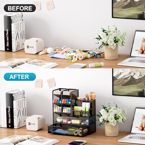 Marbrasse Netz Schreibtisch Organizer, Multifunktionaler Stifte Halter mit Schublade, Aufbewahrung Regal für Schul Heim Büro Bedarf, Schwarz