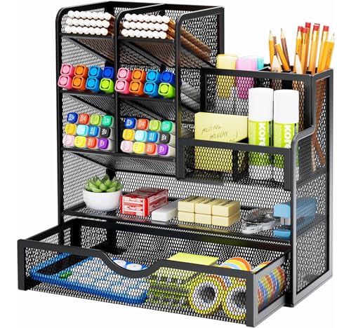 Marbrasse Netz Schreibtisch Organizer, Multifunktionaler Stifte Halter mit Schublade, Aufbewahrung Regal für Schul Heim Büro Bedarf, Schwarz