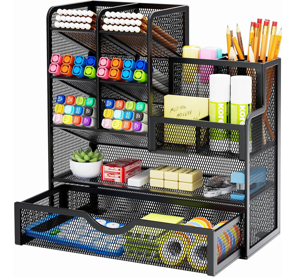 Marbrasse Netz Schreibtisch Organizer, Multifunktionaler Stifte Halter mit Schublade, Aufbewahrung Regal für Schul Heim Büro Bedarf, Schwarz