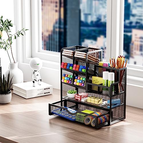 Marbrasse Netz Schreibtisch Organizer, Multifunktionaler Stifte Halter mit Schublade, Aufbewahrung Regal für Schul Heim Büro Bedarf, Schwarz