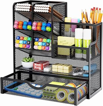 Marbrasse Netz Schreibtisch Organizer, Multifunktionaler Stifte Halter mit Schublade, Aufbewahrung Regal für Schul Heim Büro Bedarf, Schwarz