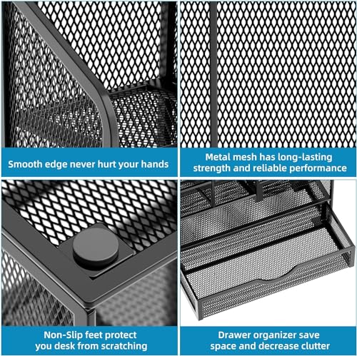 Marbrasse Netz Schreibtisch Organizer, Multifunktionaler Stifte Halter mit Schublade, Aufbewahrung Regal für Schul Heim Büro Bedarf, Schwarz