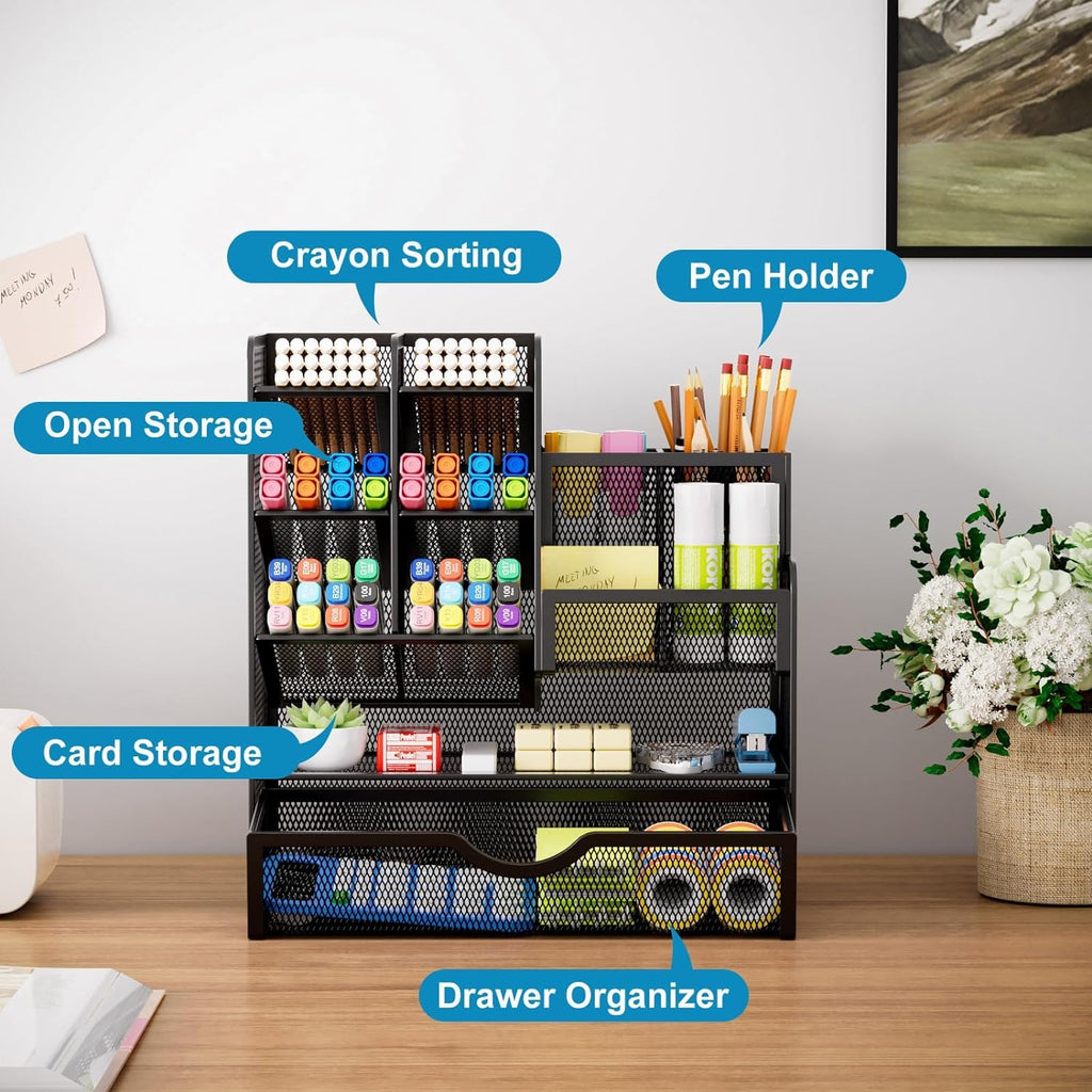 Marbrasse Netz Schreibtisch Organizer, Multifunktionaler Stifte Halter mit Schublade, Aufbewahrung Regal für Schul Heim Büro Bedarf, Schwarz