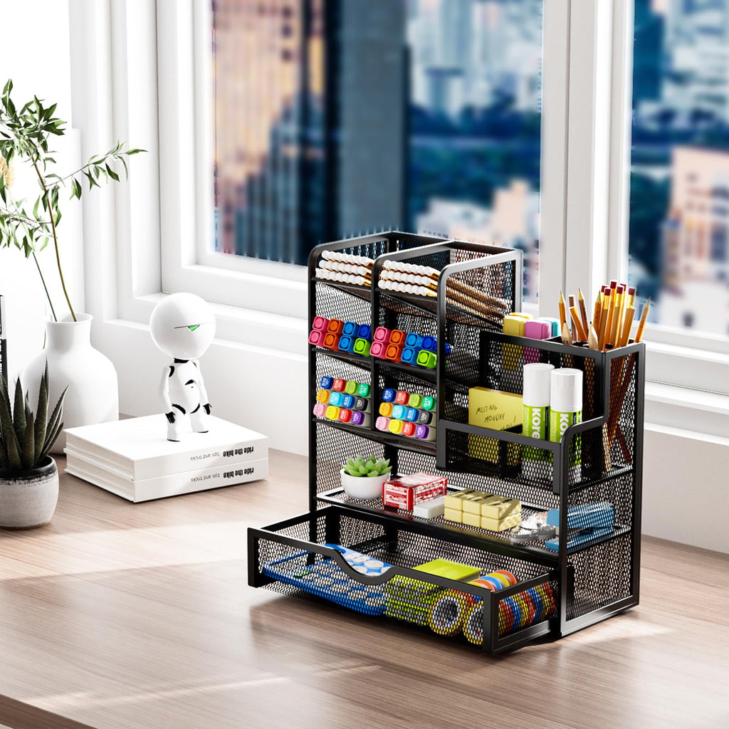 Marbrasse Netz Schreibtisch Organizer, Multifunktionaler Stifte Halter mit Schublade, Aufbewahrung Regal für Schul Heim Büro Bedarf, Schwarz
