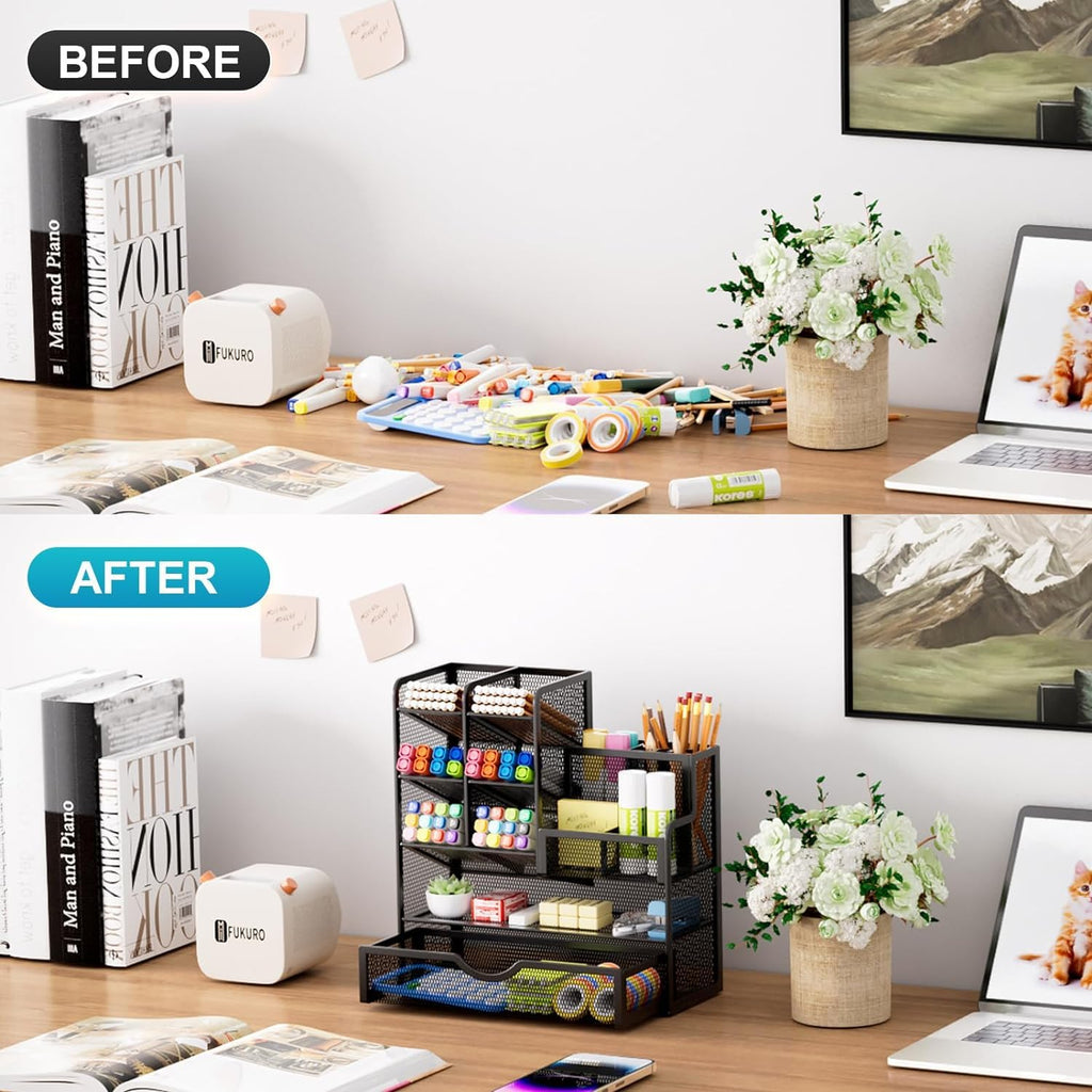 Marbrasse Netz Schreibtisch Organizer, Multifunktionaler Stifte Halter mit Schublade, Aufbewahrung Regal für Schul Heim Büro Bedarf, Schwarz