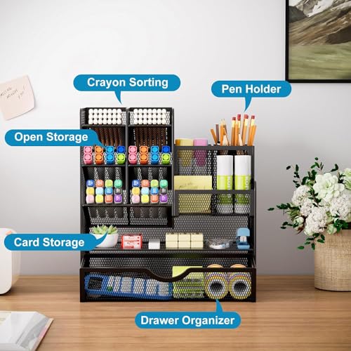 Marbrasse Netz Schreibtisch Organizer, Multifunktionaler Stifte Halter mit Schublade, Aufbewahrung Regal für Schul Heim Büro Bedarf, Schwarz