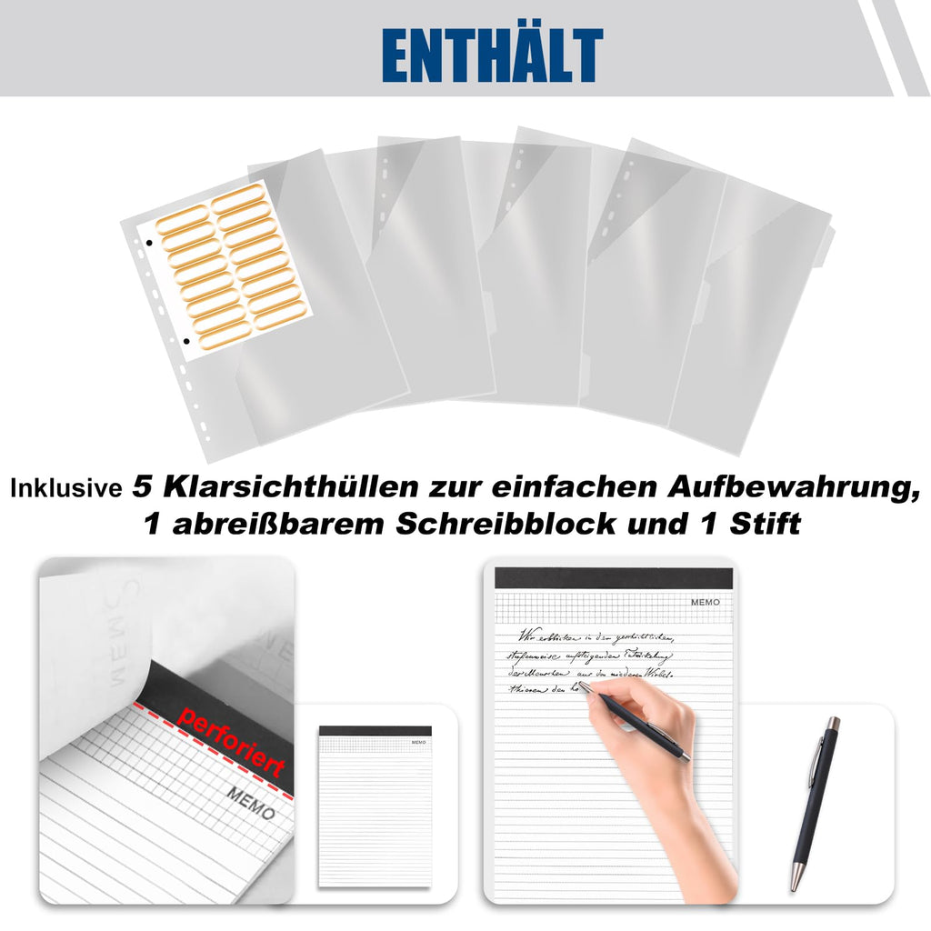 Schreibmappe A4 mit 5 Klarsichthüllen, Konferenzmappe mit Griff 4 Ringbuch Reißverschluss Klemmbrett Notizblock Stift, Dokumentenmappe Aktenmappe Ordner für Büro Business Uni Schule Schwarz