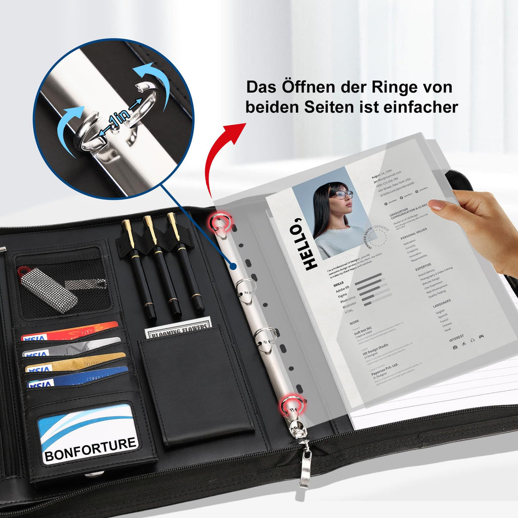 Schreibmappe A4 mit 5 Klarsichthüllen, Konferenzmappe mit Griff 4 Ringbuch Reißverschluss Klemmbrett Notizblock Stift, Dokumentenmappe Aktenmappe Ordner für Büro Business Uni Schule Schwarz