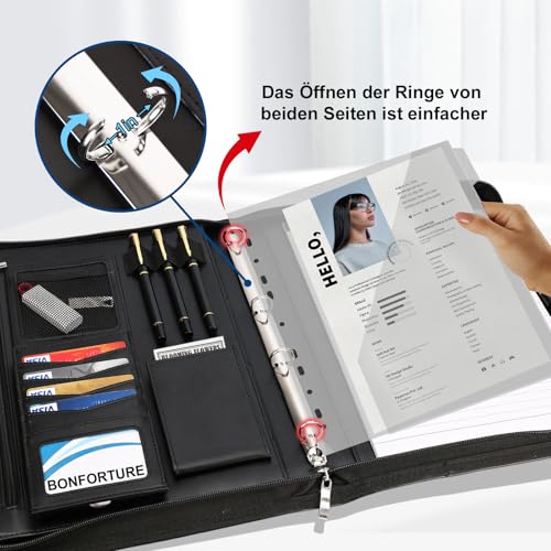 Schreibmappe A4 mit 5 Klarsichthüllen, Konferenzmappe mit Griff 4 Ringbuch Reißverschluss Klemmbrett Notizblock Stift, Dokumentenmappe Aktenmappe Ordner für Büro Business Uni Schule Schwarz