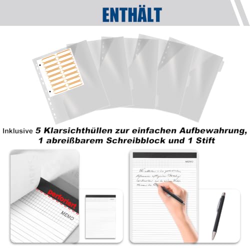 Schreibmappe A4 mit 5 Klarsichthüllen, Konferenzmappe mit Griff 4 Ringbuch Reißverschluss Klemmbrett Notizblock Stift, Dokumentenmappe Aktenmappe Ordner für Büro Business Uni Schule Schwarz