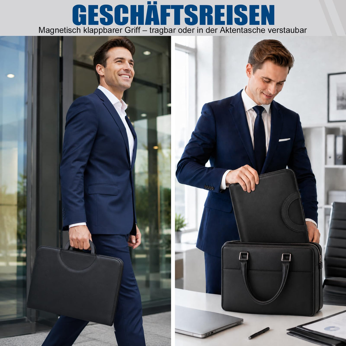 Schreibmappe A4 mit 5 Klarsichthüllen, Konferenzmappe mit Griff 4 Ringbuch Reißverschluss Klemmbrett Notizblock Stift, Dokumentenmappe Aktenmappe Ordner für Büro Business Uni Schule Schwarz