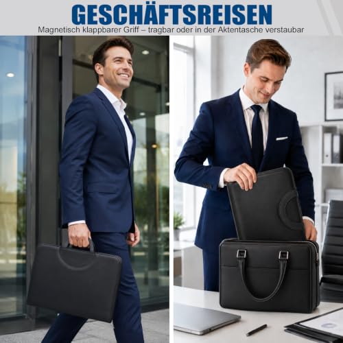 Schreibmappe A4 mit 5 Klarsichthüllen, Konferenzmappe mit Griff 4 Ringbuch Reißverschluss Klemmbrett Notizblock Stift, Dokumentenmappe Aktenmappe Ordner für Büro Business Uni Schule Schwarz