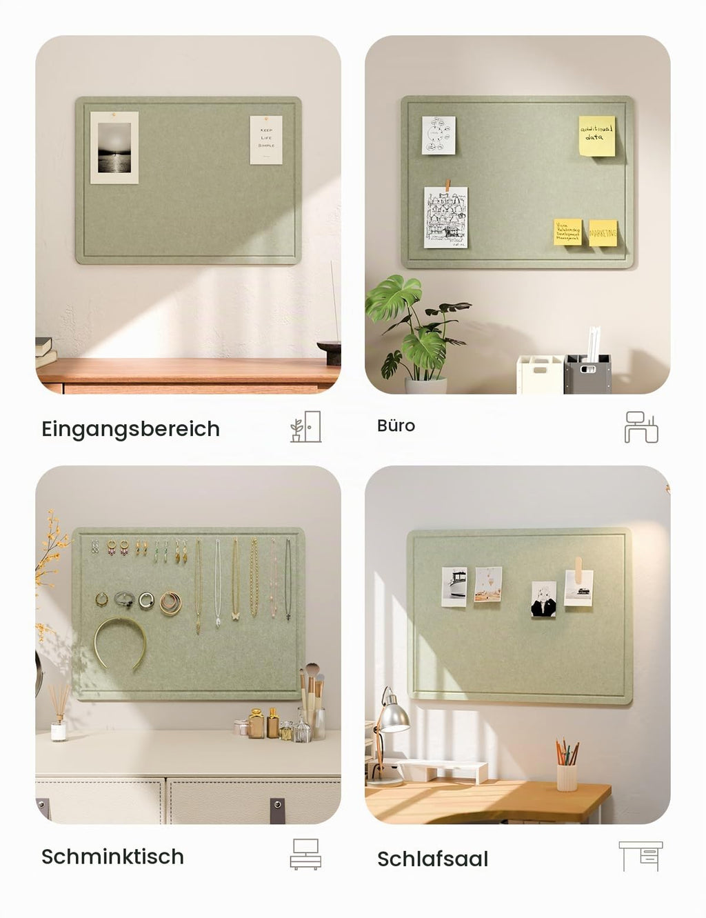 Fluxynara Filz Pinnwand 60 x 43,5 cm, Modernes Memoboard,Salbeigrün