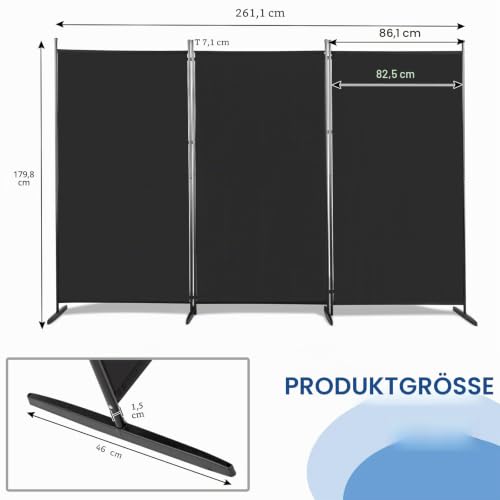 Raumteiler Klappbar Freistehend Trennwand Paravent Umkleide Sichtschutz Wand Raumtrenner 3-TLG. 260x180cm Polyestertuch (Schwarz)