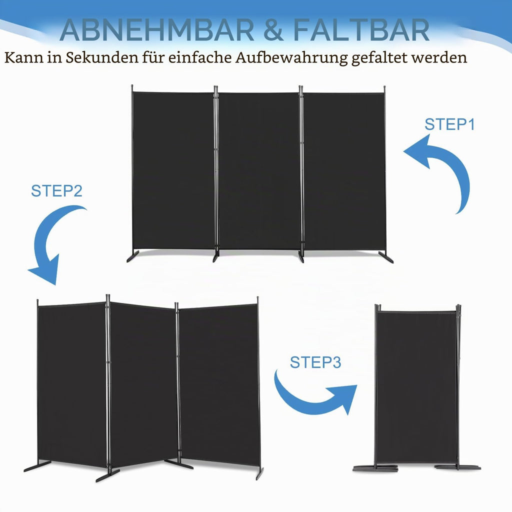 Raumteiler Klappbar Freistehend Trennwand Paravent Umkleide Sichtschutz Wand Raumtrenner 3-TLG. 260x180cm Polyestertuch (Schwarz)