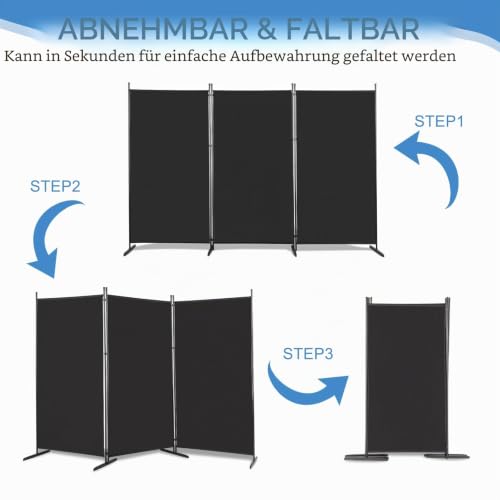 Raumteiler Klappbar Freistehend Trennwand Paravent Umkleide Sichtschutz Wand Raumtrenner 3-TLG. 260x180cm Polyestertuch (Schwarz)