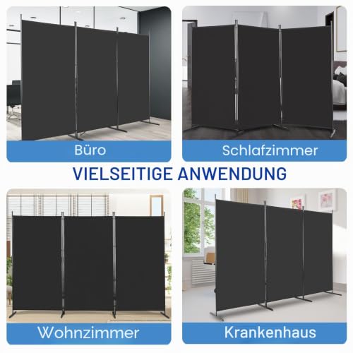Raumteiler Klappbar Freistehend Trennwand Paravent Umkleide Sichtschutz Wand Raumtrenner 3-TLG. 260x180cm Polyestertuch (Schwarz)