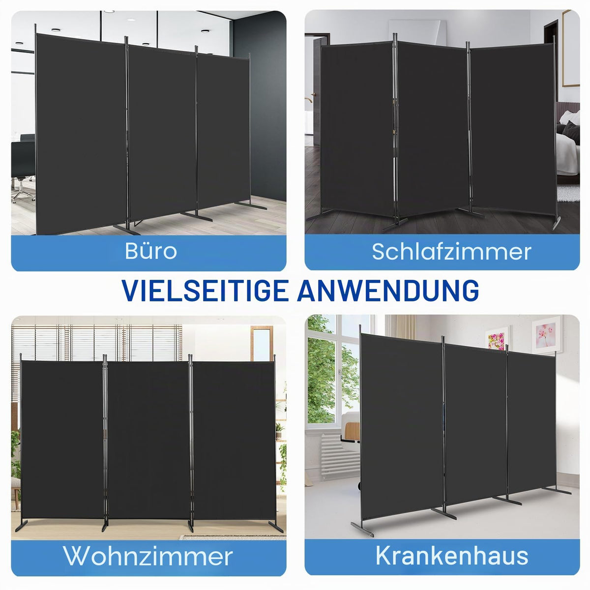 Raumteiler Klappbar Freistehend Trennwand Paravent Umkleide Sichtschutz Wand Raumtrenner 3-TLG. 260x180cm Polyestertuch (Schwarz)