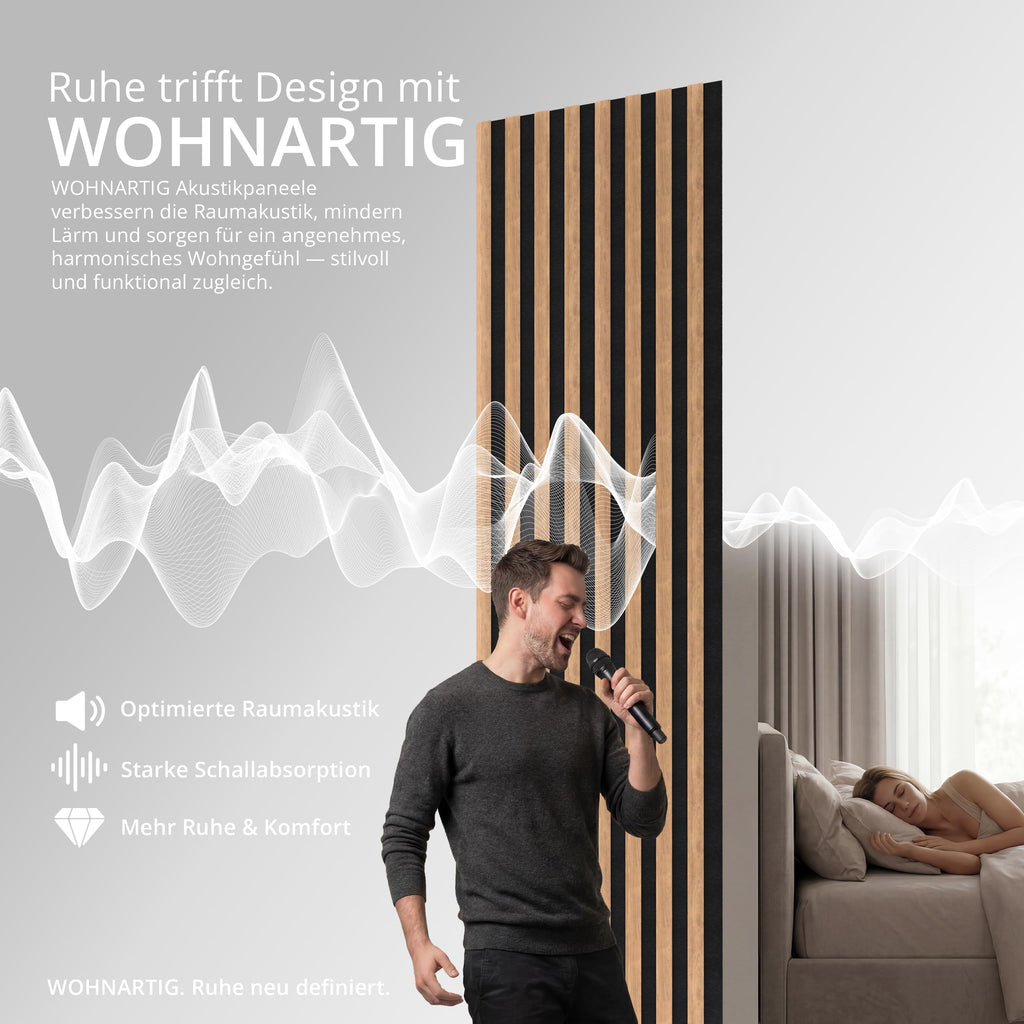 wohnartig® Akustikpaneele Spazio - 260 cm x 54 cm* Set - (Set = 2 Stück 260 cm x 27 cm) | Farbe: Eiche Artisan | Wandverkleidung | Akustikpaneel | Wandpaneele auf Filz |