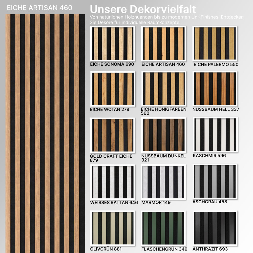 wohnartig® Akustikpaneele Spazio - 260 cm x 54 cm* Set - (Set = 2 Stück 260 cm x 27 cm) | Farbe: Eiche Artisan | Wandverkleidung | Akustikpaneel | Wandpaneele auf Filz |