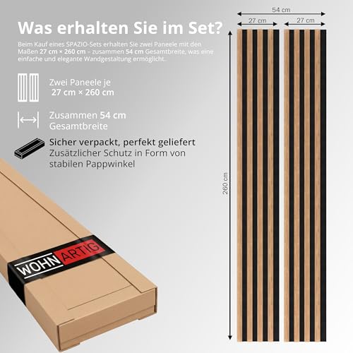 wohnartig® Akustikpaneele Spazio - 260 cm x 54 cm* Set - (Set = 2 Stück 260 cm x 27 cm) | Farbe: Eiche Artisan | Wandverkleidung | Akustikpaneel | Wandpaneele auf Filz |