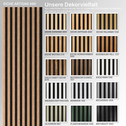 wohnartig® Akustikpaneele Spazio - 260 cm x 54 cm* Set - (Set = 2 Stück 260 cm x 27 cm) | Farbe: Eiche Artisan | Wandverkleidung | Akustikpaneel | Wandpaneele auf Filz |