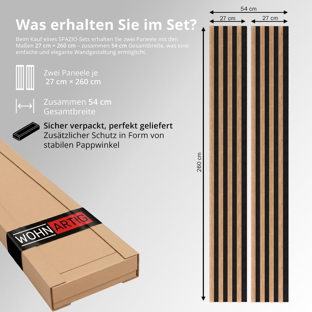 wohnartig® Akustikpaneele Spazio - 260 cm x 54 cm* Set - (Set = 2 Stück 260 cm x 27 cm) | Farbe: Eiche Artisan | Wandverkleidung | Akustikpaneel | Wandpaneele auf Filz |