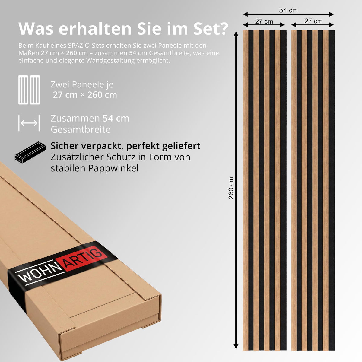 wohnartig® Akustikpaneele Spazio - 260 cm x 54 cm* Set - (Set = 2 Stück 260 cm x 27 cm) | Farbe: Eiche Artisan | Wandverkleidung | Akustikpaneel | Wandpaneele auf Filz |