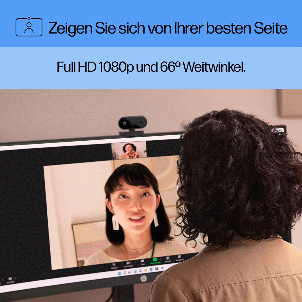 HP - PC 320 All-in-One-Webcam (USB-A, 1080p/Full HD Auflösung, 360° schwenkbar, 66°-Weitwinkel, Belichtungskorrektur, Autofokus) Schwarz mit integriertem Mikrofon