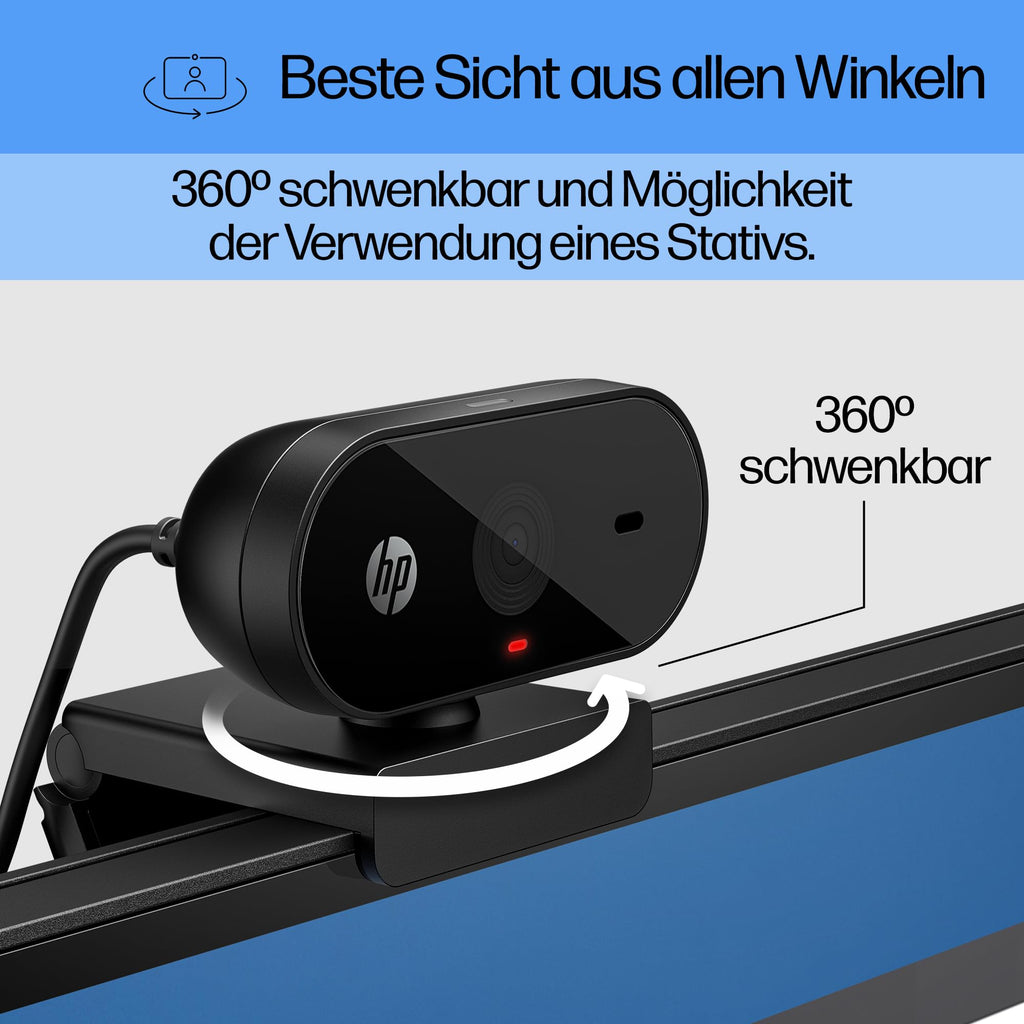 HP - PC 320 All-in-One-Webcam (USB-A, 1080p/Full HD Auflösung, 360° schwenkbar, 66°-Weitwinkel, Belichtungskorrektur, Autofokus) Schwarz mit integriertem Mikrofon