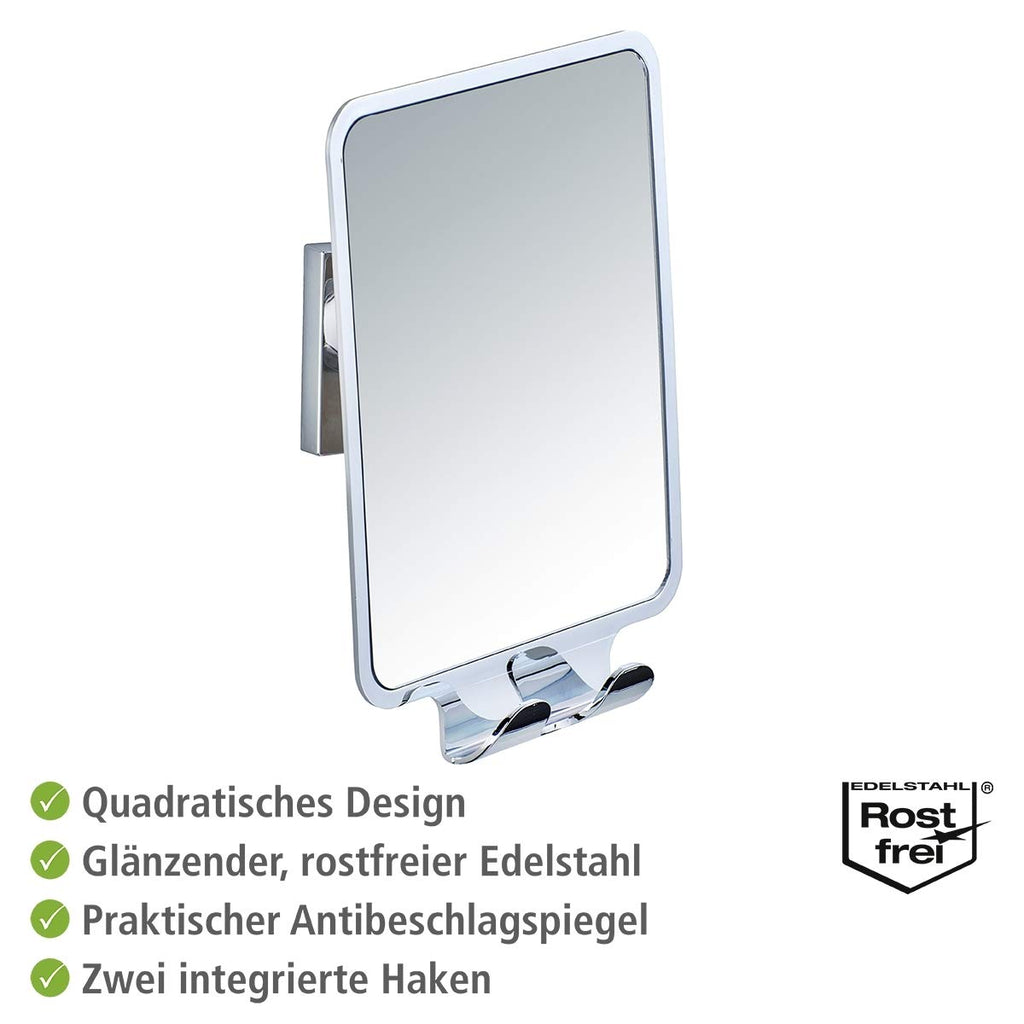 WENKO Antibeschlag-Spiegel Mod. Quadro Kosmetik-Spiegel für Dusche und Badewanne mit 2 Haken ohne Bohren hochwertiger Kunststoff 14 x 19,5 x 8 cm