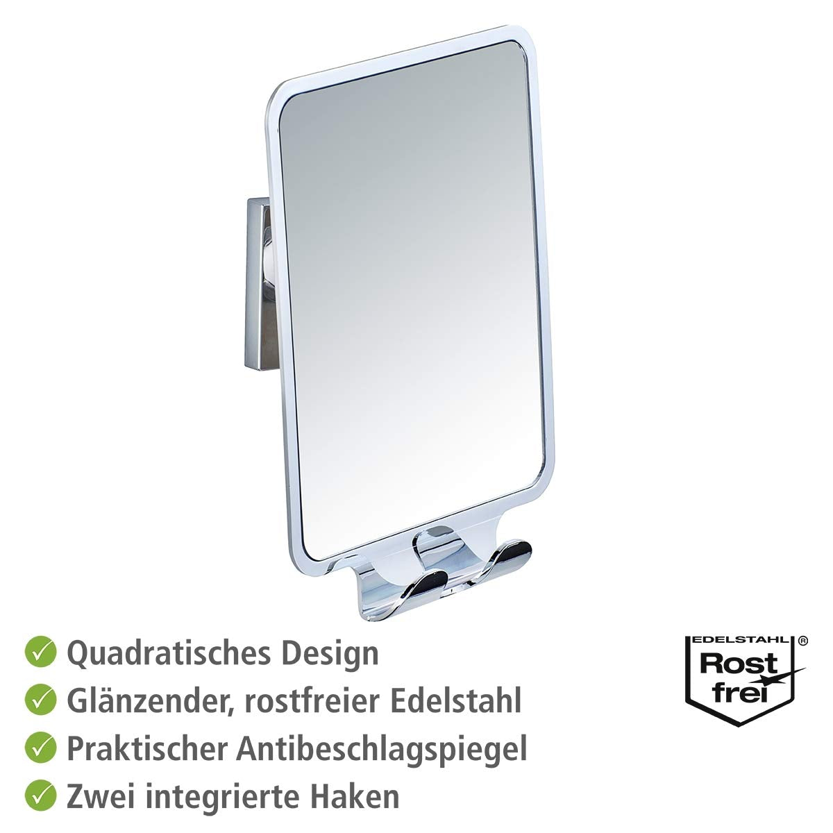 WENKO Antibeschlag-Spiegel Mod. Quadro Kosmetik-Spiegel für Dusche und Badewanne mit 2 Haken ohne Bohren hochwertiger Kunststoff 14 x 19,5 x 8 cm