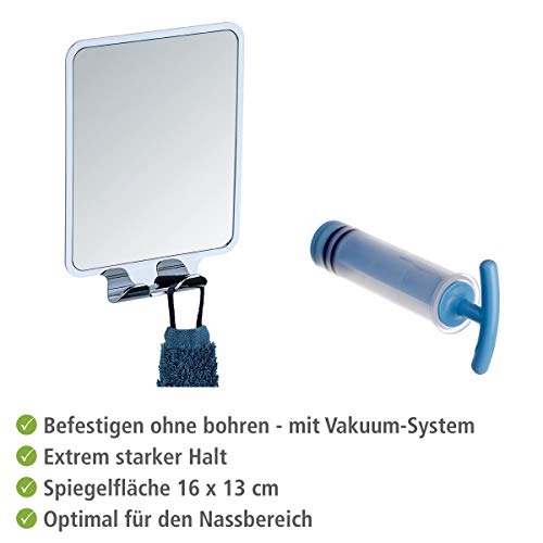 WENKO Antibeschlag-Spiegel Mod. Quadro Kosmetik-Spiegel für Dusche und Badewanne mit 2 Haken ohne Bohren hochwertiger Kunststoff 14 x 19,5 x 8 cm