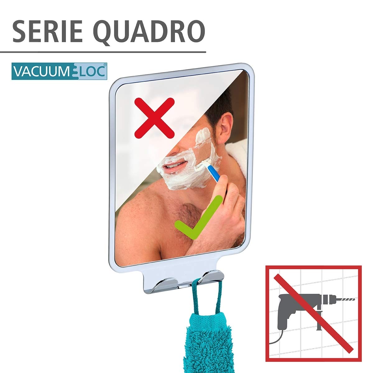 WENKO Antibeschlag-Spiegel Mod. Quadro Kosmetik-Spiegel für Dusche und Badewanne mit 2 Haken ohne Bohren hochwertiger Kunststoff 14 x 19,5 x 8 cm