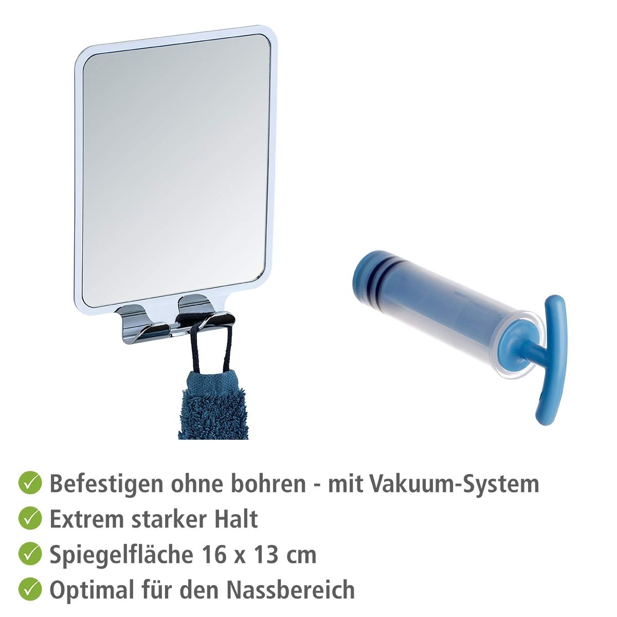 WENKO Antibeschlag-Spiegel Mod. Quadro Kosmetik-Spiegel für Dusche und Badewanne mit 2 Haken ohne Bohren hochwertiger Kunststoff 14 x 19,5 x 8 cm