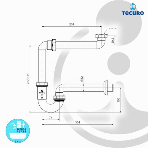 tecuro - Raumsparsiphon 1 1/4 Zoll x 32 mm, für Waschbecken/Waschtisch, inkl. Wandrosette, Kunststoff Weiß, kürzbar - 58500 Röhrengeruchsverschluss