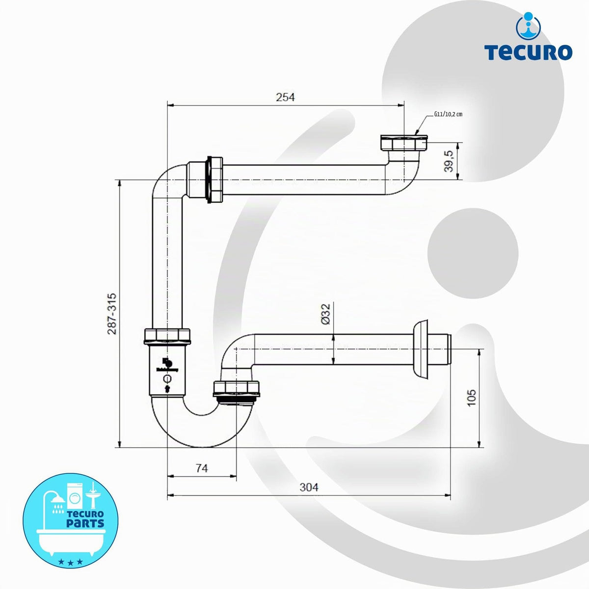 tecuro - Raumsparsiphon 1 1/4 Zoll x 32 mm, für Waschbecken/Waschtisch, inkl. Wandrosette, Kunststoff Weiß, kürzbar - 58500 Röhrengeruchsverschluss