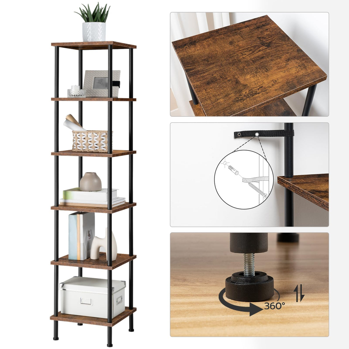 HOOBRO Regal, Bücherregal mit 6 Ebenen, schmales Eckregal, Standregal, Industrial Regal, Lagerregal, Büroregal, offene Ablagen für Wohnzimmer, Schlafzimmer, Balkon, Küche, Vintagebraun EBF55CJ01