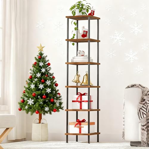 HOOBRO Regal, Bücherregal mit 6 Ebenen, schmales Eckregal, Standregal, Industrial Regal, Lagerregal, Büroregal, offene Ablagen für Wohnzimmer, Schlafzimmer, Balkon, Küche, Vintagebraun EBF55CJ01